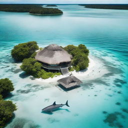 An aerial view of a solitary bungalow in the middle of a lagoon, surrounded by shark fins