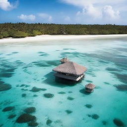 An aerial view of a solitary bungalow in the middle of a lagoon, surrounded by shark fins