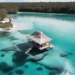 An aerial view of a solitary bungalow in the middle of a lagoon, surrounded by shark fins