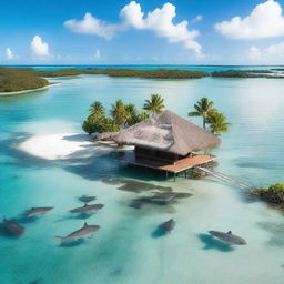 An aerial view of a solitary bungalow in the middle of a lagoon, surrounded by shark fins