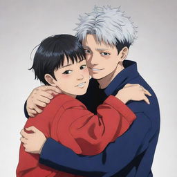 Anime style drawing of Gojo Satoru from Jujutsu Kaisen, hugging Megumi Fushiguro, also from Jujutsu Kaisen. They show a warm friendly connection, both are in their characteristic, colorful outfits.