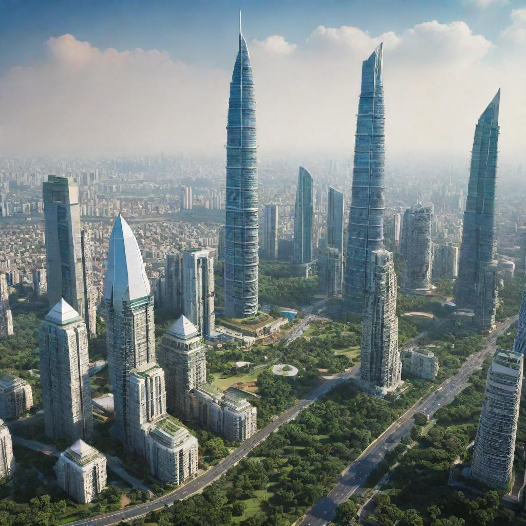 Futuristic cityscape of India in the year 2050, filled with towering skyscrapers, advanced transportation and green technology amidst the traditional cultural landmarks.