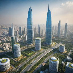 Futuristic cityscape of India in the year 2050, filled with towering skyscrapers, advanced transportation and green technology amidst the traditional cultural landmarks.