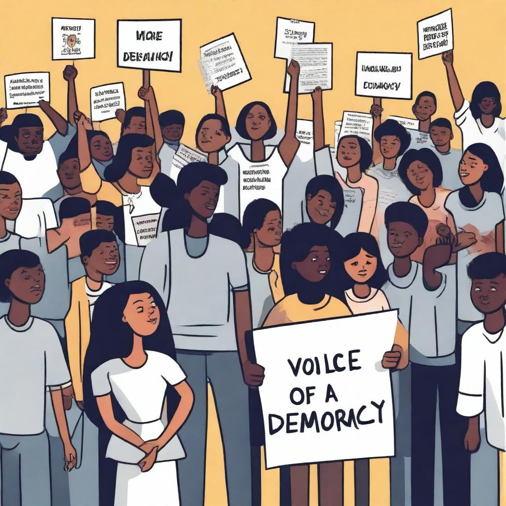 An illustration depicting the theme of 'Voice of Democracy' with a subtheme of 'Youth as a vulnerable group in democracy'