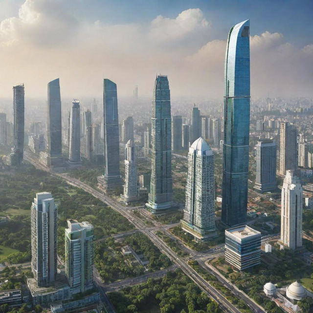 Futuristic cityscape of India in the year 2050, filled with towering skyscrapers, advanced transportation and green technology amidst the traditional cultural landmarks.