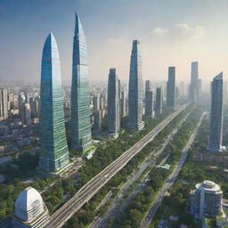 Futuristic cityscape of India in the year 2050, filled with towering skyscrapers, advanced transportation and green technology amidst the traditional cultural landmarks.