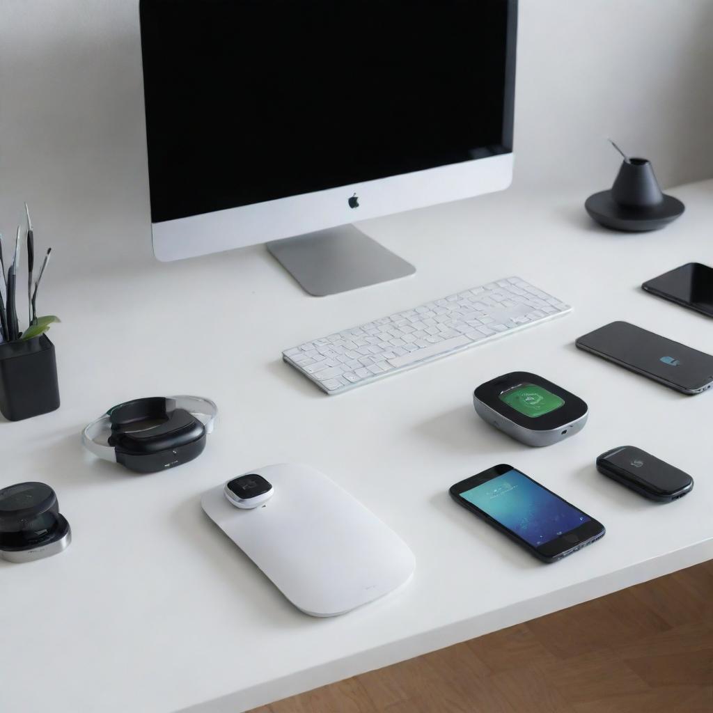 An array of contemporary, high-tech devices set on a sleek, minimalist desk, featuring a futuristic computer, innovative smartphone, cutting-edge wearable device, sleek wireless earbuds, and an autonomous drone hovering above.