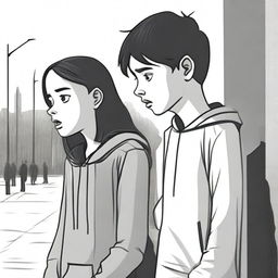 A poignant illustration of a sad teenage girl and boy who are afraid to raise their voices in a democratic society