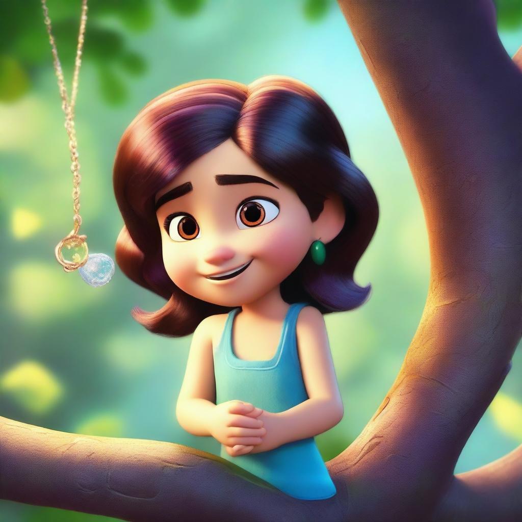 Create a Pixar-inspired scene where a girl named Marina spots something sparkling in the sunlight