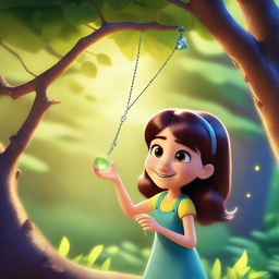 Create a Pixar-inspired scene where a girl named Marina spots something sparkling in the sunlight