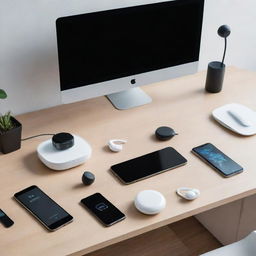 An array of contemporary, high-tech devices set on a sleek, minimalist desk, featuring a futuristic computer, innovative smartphone, cutting-edge wearable device, sleek wireless earbuds, and an autonomous drone hovering above.