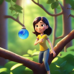 Create a Pixar-inspired scene where a girl named Marina spots something sparkling in the sunlight