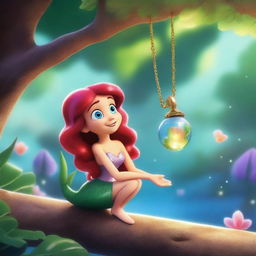 Create a Pixar-inspired scene where Marina, a little mermaid who has turned into a human, spots something sparkling in the sunlight