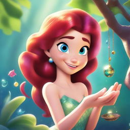 Create a Pixar-inspired scene where Marina, a little mermaid who has turned into a human, spots something sparkling in the sunlight