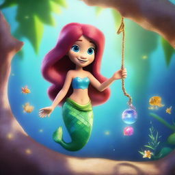 Create a Pixar-inspired scene where Marina, a little mermaid who has turned into a human, spots something sparkling in the sunlight