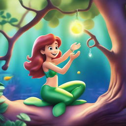 Create a Pixar-inspired scene where Marina, a little mermaid who has turned into a human, spots something sparkling in the sunlight