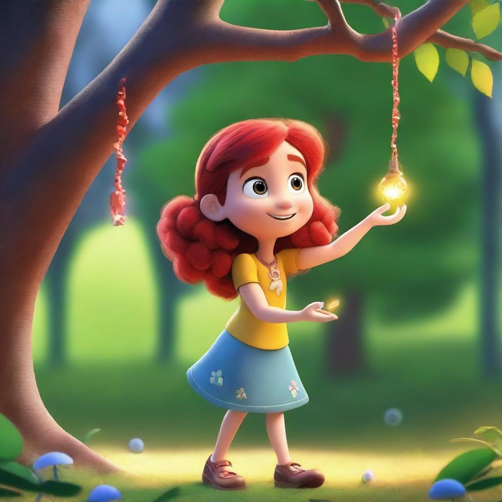 Create a Pixar-inspired scene where Marina, a little red-haired girl who has turned into a human, spots something sparkling in the sunlight