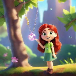 Create a Pixar-inspired scene where Marina, a little red-haired girl who has turned into a human, spots something sparkling in the sunlight