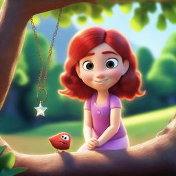 Create a Pixar-inspired scene where Marina, a little red-haired girl who has turned into a human, spots something sparkling in the sunlight