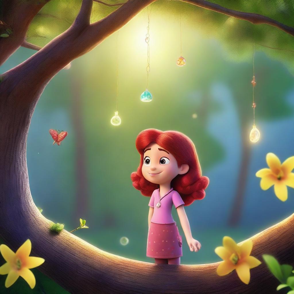 Create a Pixar-inspired scene where Marina, a little red-haired girl who has turned into a human, spots something sparkling in the sunlight