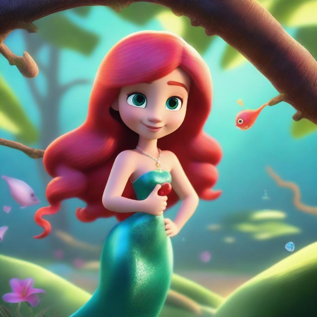 Create a Pixar-inspired scene where Marina, a little red-haired girl who looks like the Little Mermaid but without a tail, has turned into a human