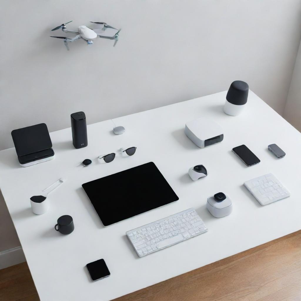 An array of contemporary, high-tech devices set on a sleek, minimalist desk, featuring a futuristic computer, innovative smartphone, cutting-edge wearable device, sleek wireless earbuds, and an autonomous drone hovering above.