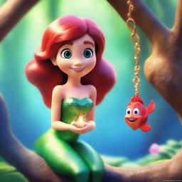 Create a Pixar-inspired scene where Marina, a little red-haired girl who looks like the Little Mermaid but without a tail, has turned into a human