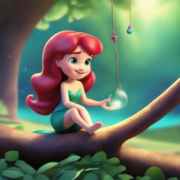 Create a Pixar-inspired scene where Marina, a little red-haired girl who looks like the Little Mermaid but without a tail, has turned into a human