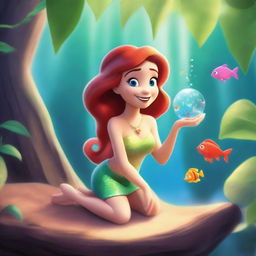 Create a Pixar-inspired scene where Marina, who has the face of the Little Mermaid, has turned into a human