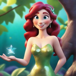 Create a Pixar-inspired scene where Marina, who has the face of the Little Mermaid, has turned into a human