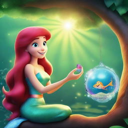 Create a Pixar-inspired scene where Marina, who has the face of the Little Mermaid, has turned into a human