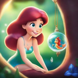 Create a Pixar-inspired scene where Marina, who has the face of the Little Mermaid, has turned into a human