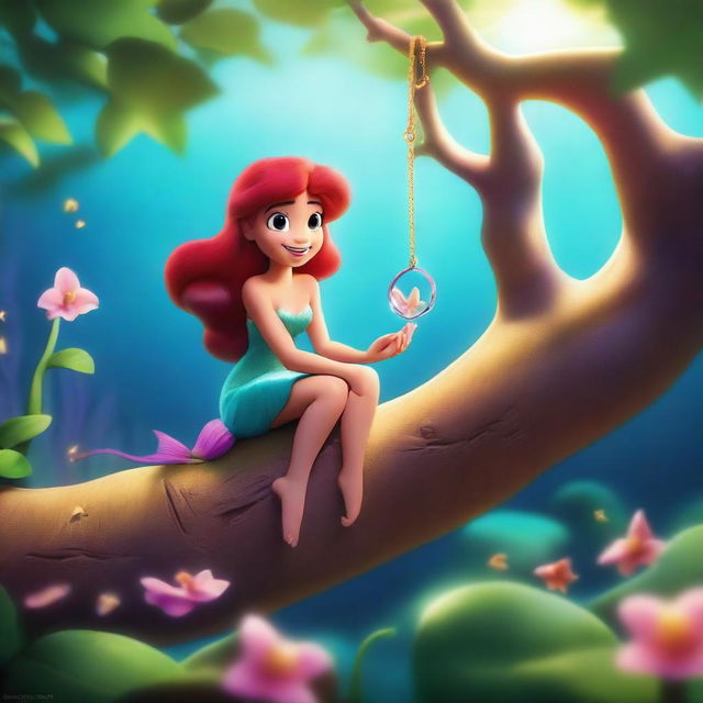 Create a Pixar-inspired scene where Marina, who has the face of the Little Mermaid, spots something sparkling in the sunlight