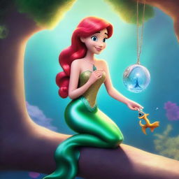 Create a Pixar-inspired scene where Marina, who has the face of the Little Mermaid, spots something sparkling in the sunlight