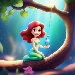 Create a Pixar-inspired scene where Marina, who has the face of the Little Mermaid, spots something sparkling in the sunlight