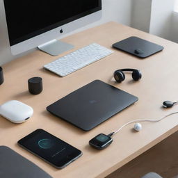 An array of contemporary, high-tech devices set on a sleek, minimalist desk, featuring a futuristic computer, innovative smartphone, cutting-edge wearable device, sleek wireless earbuds, and an autonomous drone hovering above.