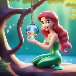 Create a Pixar-inspired scene where Marina, who has the face of the Little Mermaid, spots something sparkling in the sunlight