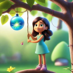 Create a Pixar-inspired scene where Marina spots something sparkling in the sunlight