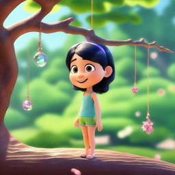 Create a Pixar-inspired scene where Marina spots something sparkling in the sunlight