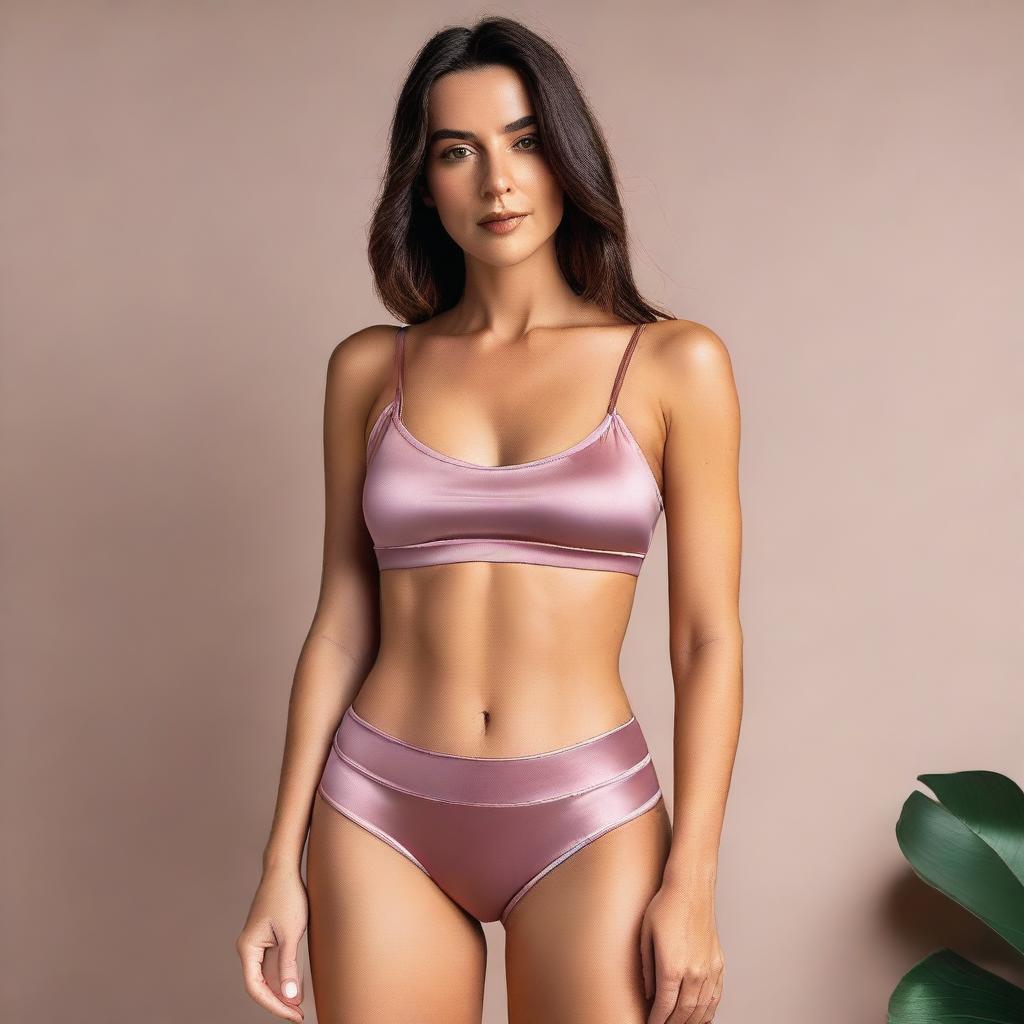 A woman wearing a satin sports bra and loose fitting satin panties