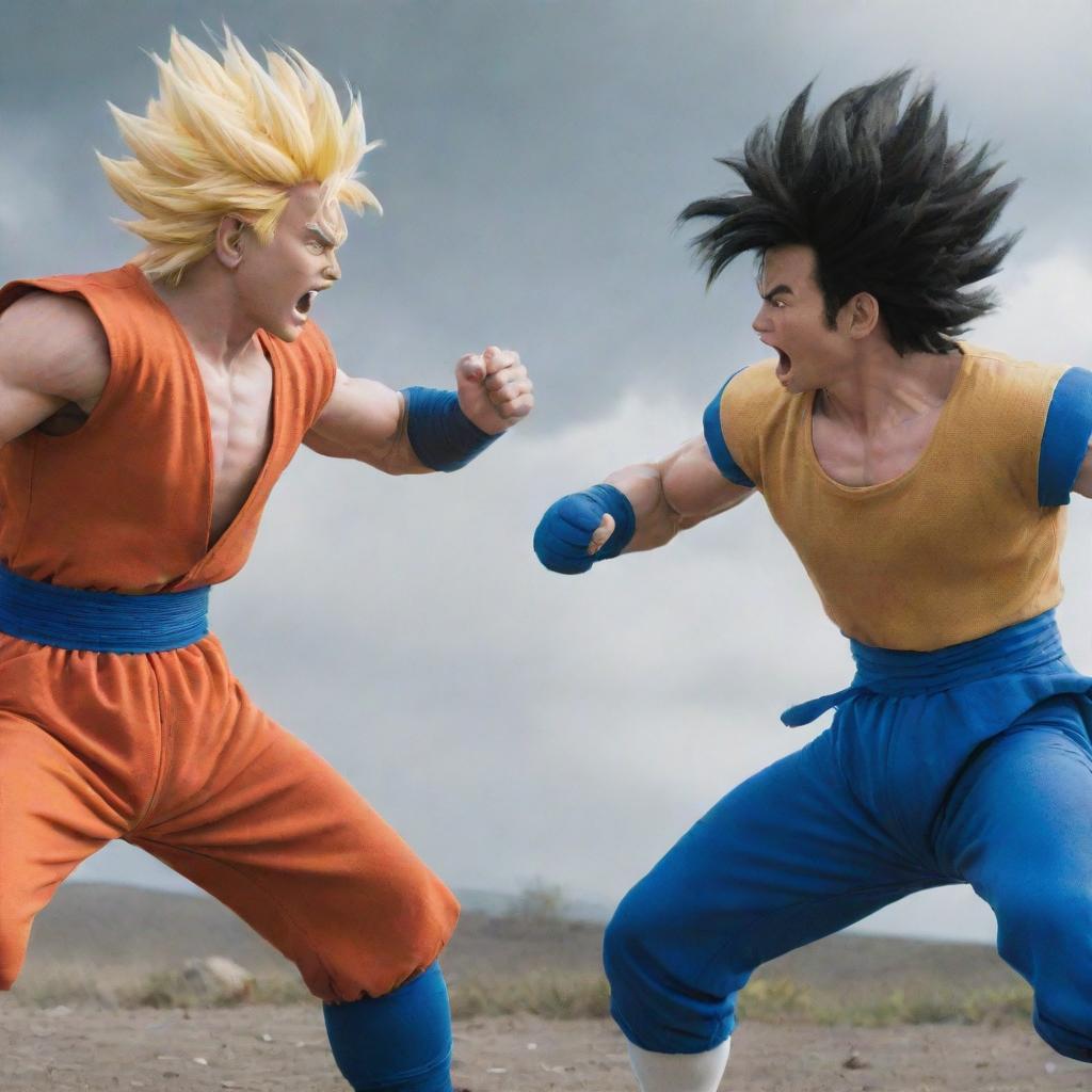 Live-action representation of a fierce battle between Goku and Vegeta from the Dragon Ball series.