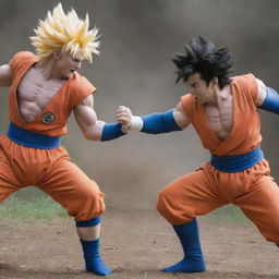 Live-action representation of a fierce battle between Goku and Vegeta from the Dragon Ball series.