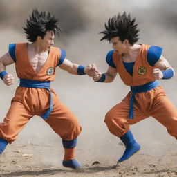 Live-action representation of a fierce battle between Goku and Vegeta from the Dragon Ball series.