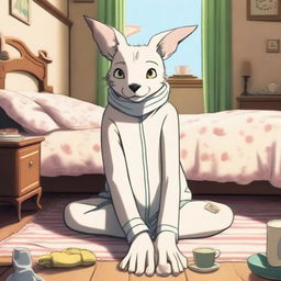 Juno from Beastars is depicted showing off her feet while wearing tight pajamas