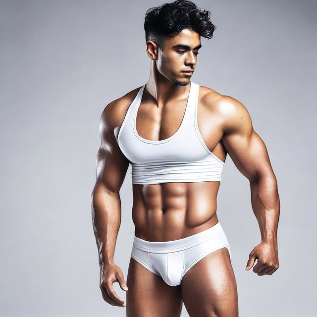 A man wearing a white wet-look sports bra and panties