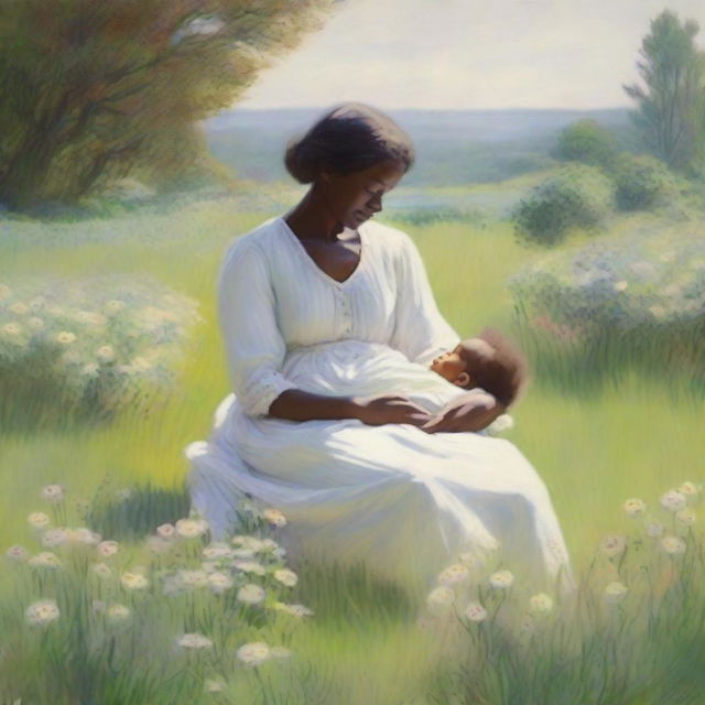 A serene and picturesque scene of Fredrick Douglass' mother holding him as a baby in a lush, vibrant field