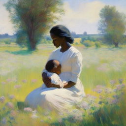 A serene and picturesque scene of Fredrick Douglass' mother holding him as a baby in a lush, vibrant field