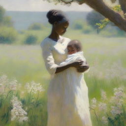 A serene and picturesque scene of Fredrick Douglass' mother holding him as a baby in a lush, vibrant field