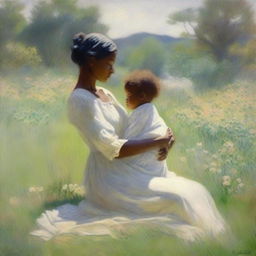 A serene and picturesque scene of Fredrick Douglass' mother holding him as a baby in a lush, vibrant field