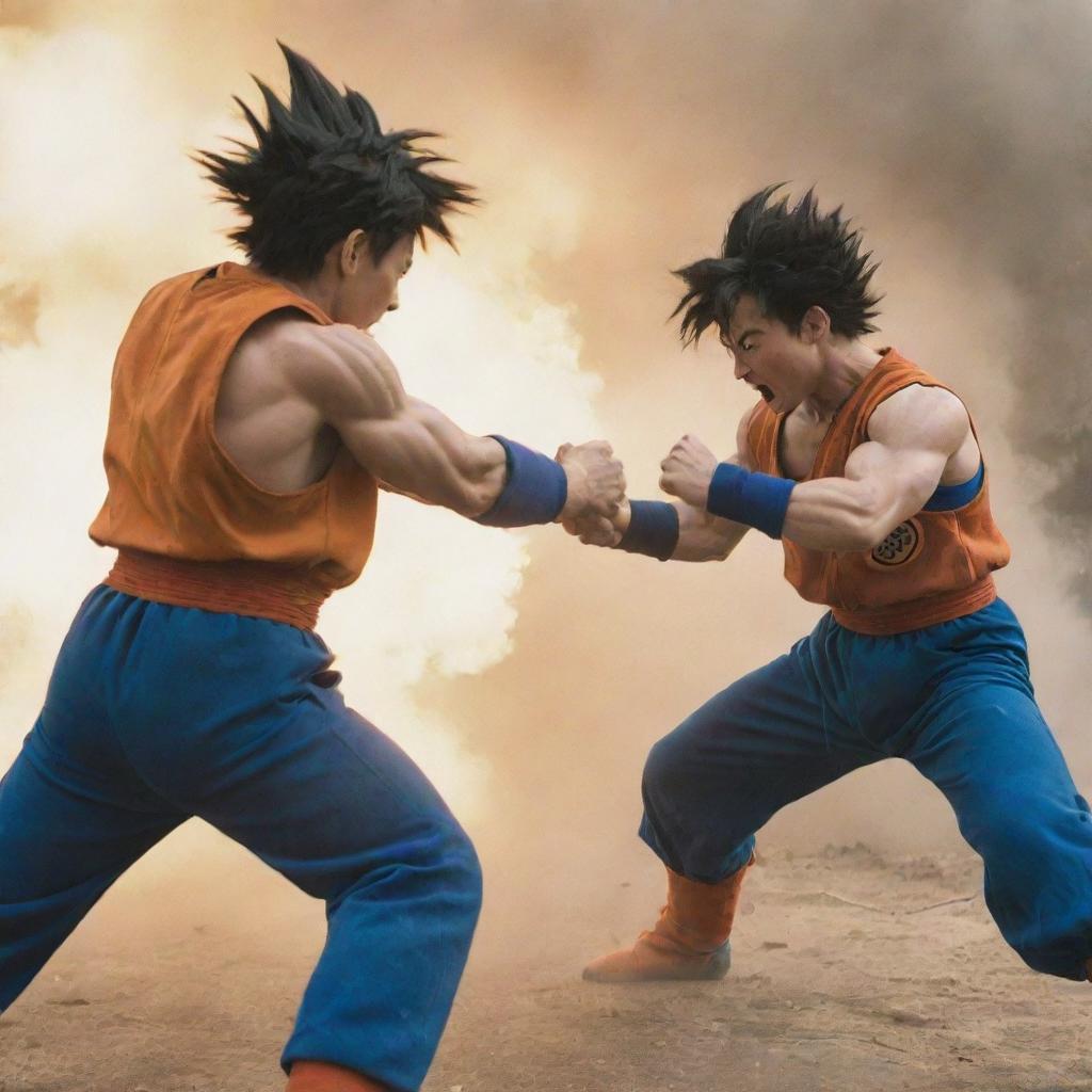 A dynamic live-action scene of Goku and Vegeta from Dragon Ball, engaged in an intense battle.